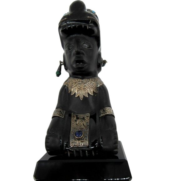 Obsidian Black Stone Sculpture with 925 Silver Accents Taxco Mexico Vintage - Picture 7 of 13